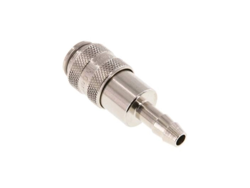 Kupplungsdose für Stecker beidseitig absperrend mit Schlauchtülle 9 mm NW 5 Messing vernickelt