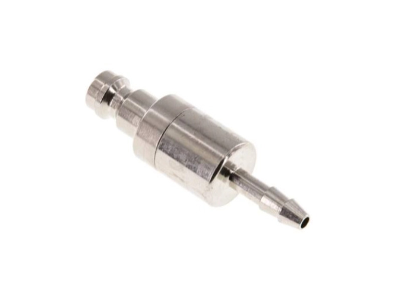 Kupplungsstecker beidseitig absperrend mit Schlauchtülle 4 mm NW 5 Messing vernickelt