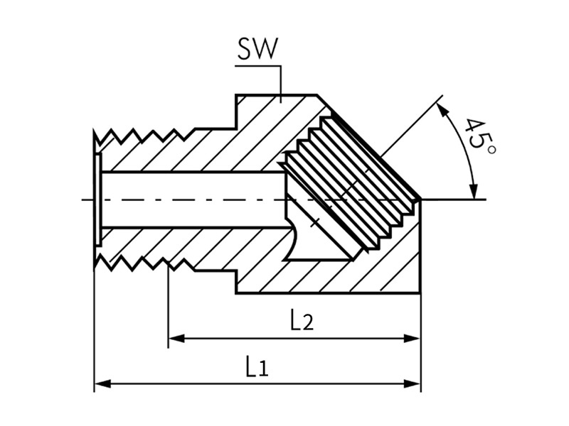 Winkelstück 45° AG M 10x1 kegelig - IG M 8x1 SW 13 L1-23mm L2-19mm