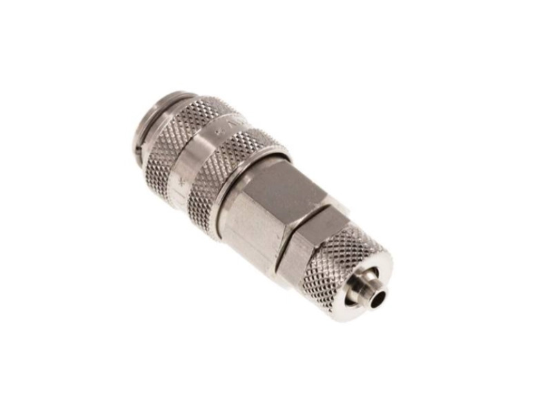 Kupplungsdose für Stecker beidseitig absperrend mit Überwurfmutter 6x4 mm NW 5 Messing vernickelt