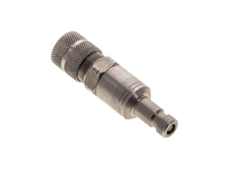 Kupplungsstecker 4 mm beidseitig absperrend mit SG M 8x0,5 und ÜWM NW 2,7 Edelstahl 1.4305