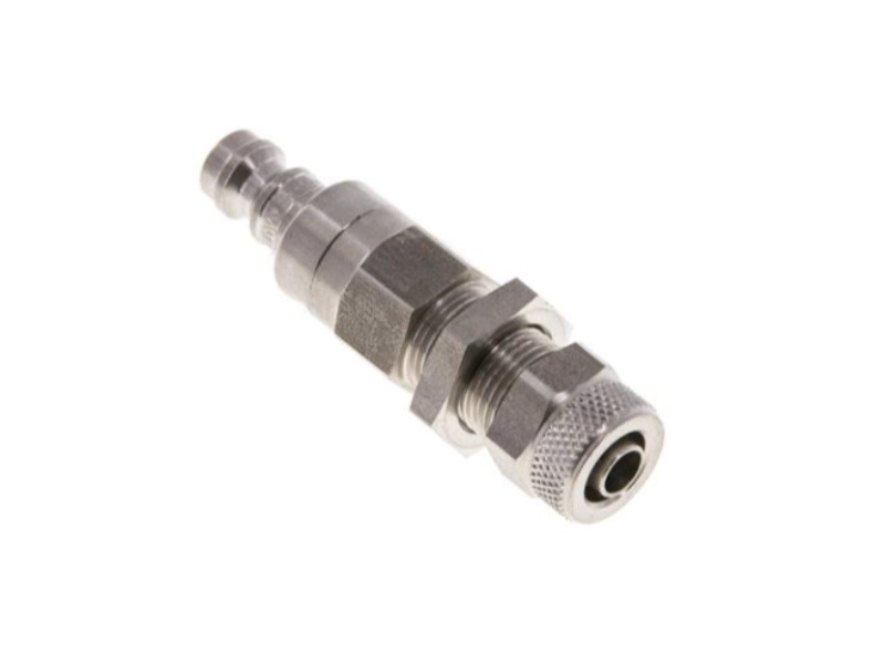 Kupplungsstecker beidseitig absperrend 6x4 mm mit Schottgewinde M 10x1 und ÜWM NW 5 ED 1,4305