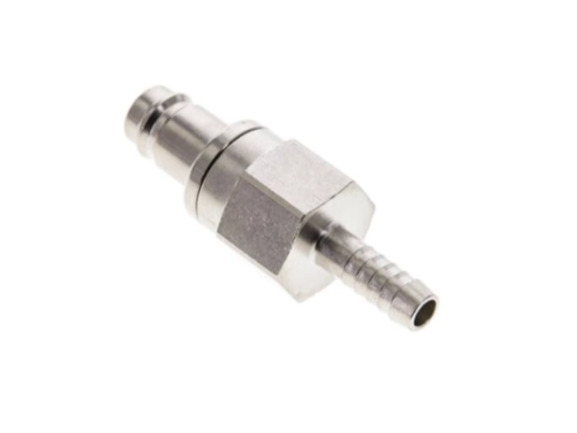 Kupplungsstecker beidseits absperrend mit Schlauchtülle 10 mm NW 10 Messing vernickelt